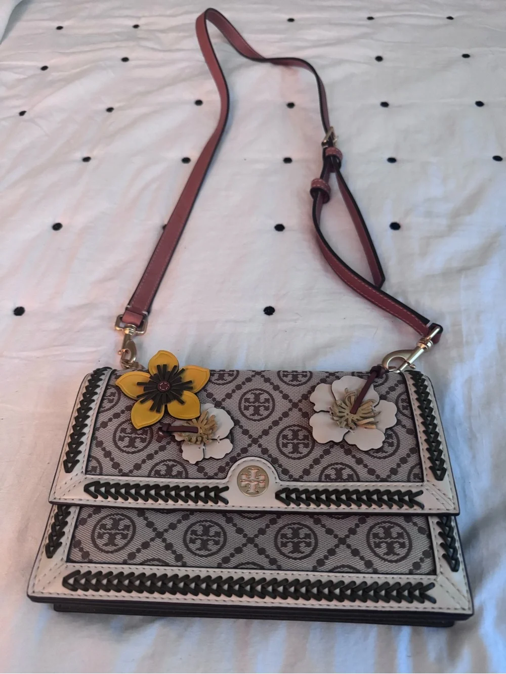 Tory Burch Beige and Burgundy Floral Appliqué Crossbody Bag